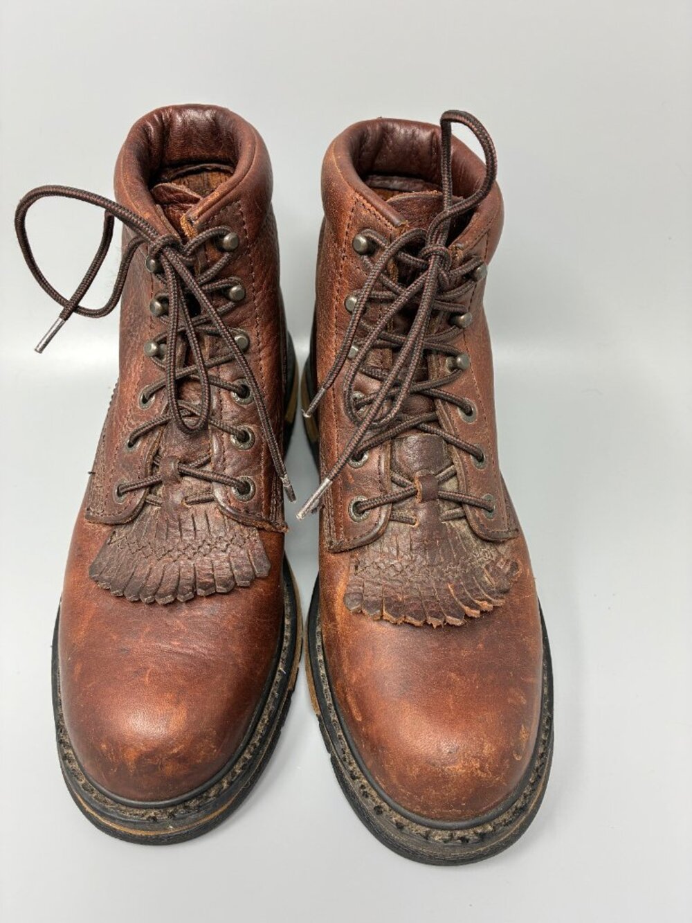 Rocky R101 Mens 7.5 Brown Leather Work Boots Hiking Kiltie Lug Sole Outdoor